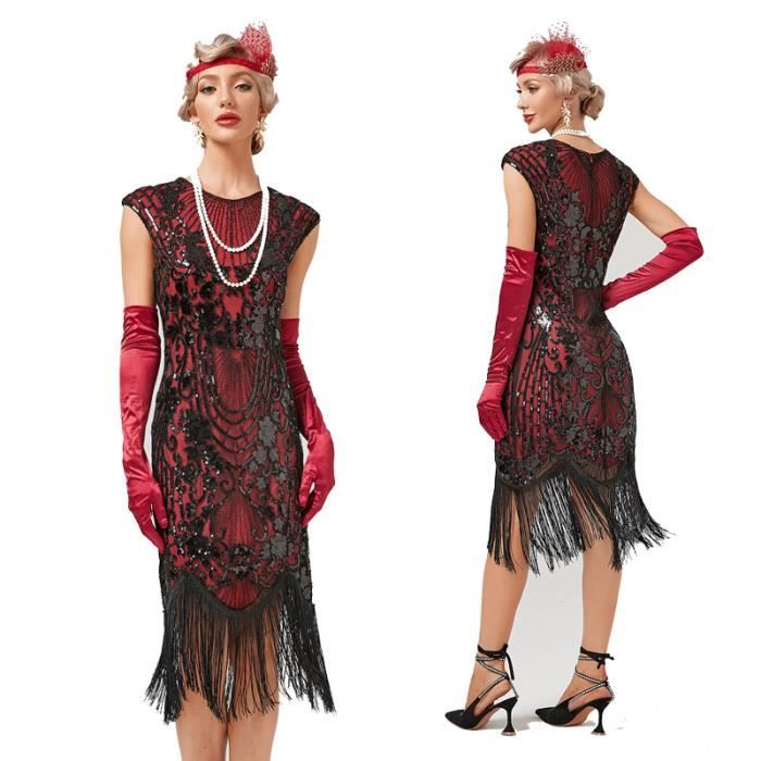 Cocktail d'Femmes Robe de Fête Robe à Franges Robe Paillettes Mini Robe à  manches longues V Cou Costume Robe de fantaisie