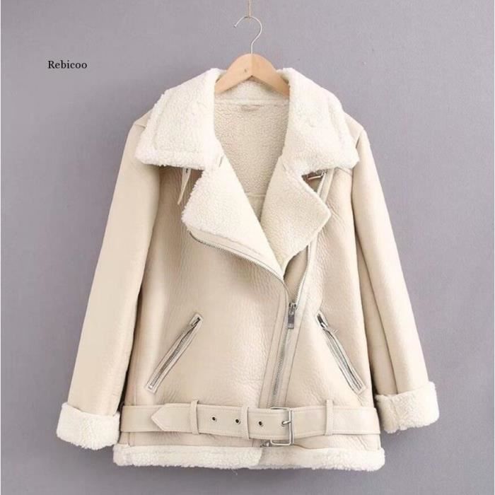 Manteaux d hiver en peau de mouton femmes epaissir Faux cuir manteau de fourrure femme fourrure doublure en cuir veste aviateur vest Beige Cdiscount Pret a Porter