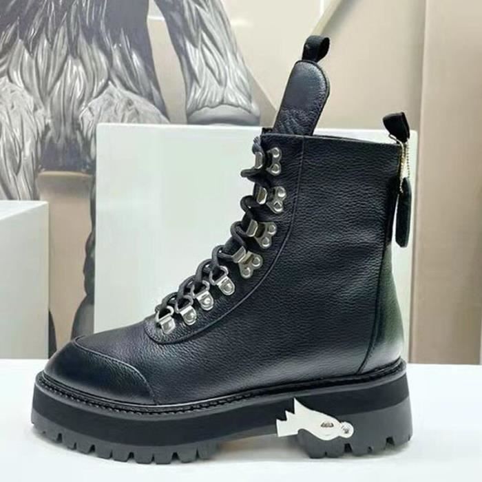 Decor en metal bottes courtes femme semelle epaisse cloutee bottines daim cuir chaussures militaires femmes moto bottes femmes Noir Cdiscount Chaussures