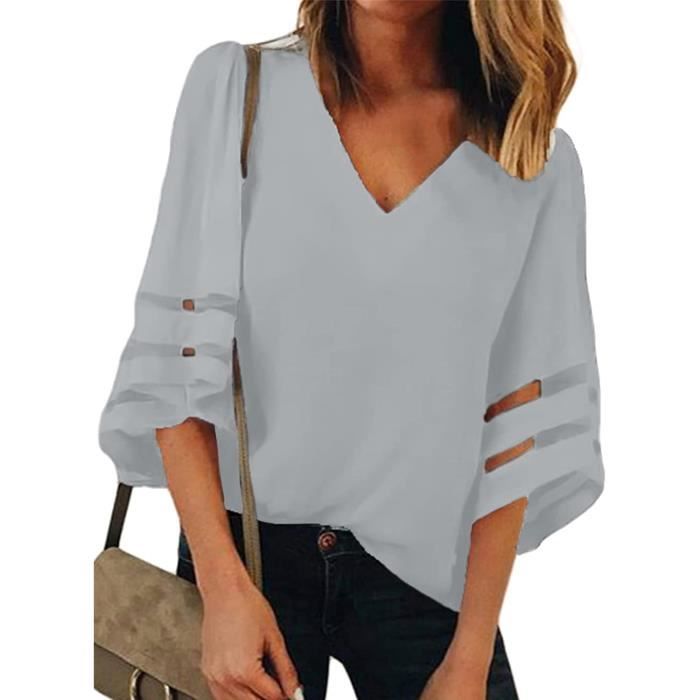 Blouse Femme Haut Élégant Tunique Chic Top Fluide Chemise Mode gris