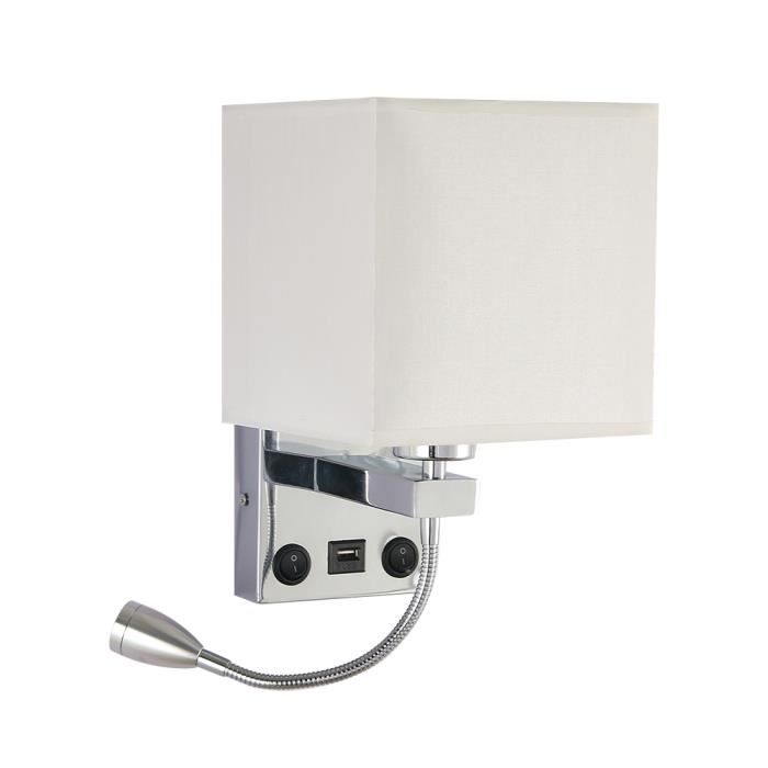 blanc Applique murale avec port USB et LED 3 W Blanc chaud Lampe de lecture Lampe murale avec tube r/églable Abat-jour en tissu Douille E27 Lampe de chevet moderne avec 2 interrupteurs