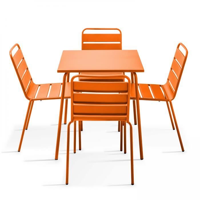 Ensemble table de jardin et 4 chaises en métal - OVIALA - Palavas - Orange - Carré - Meuble de jardin
