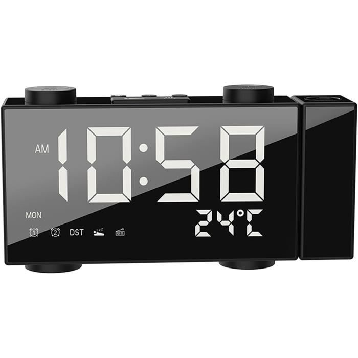 Réveil de chevet avec projecteur 180 °, luminosité à 4 niveaux, grand écran LED, réveil