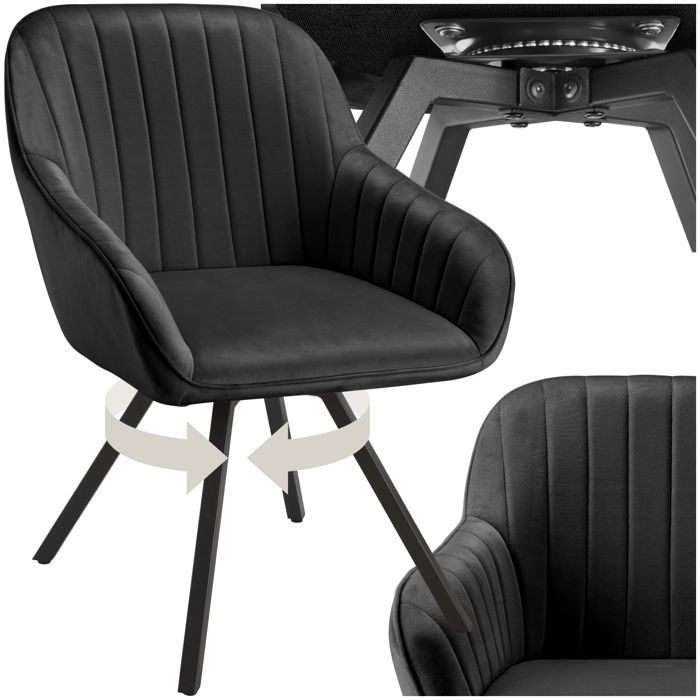 Chaise - TECTAKE - Fauteuil pivotant SNUG avec accoudoirs aspect velours rembourré pieds en acier fins 58 x 58 x 82 cm - Noir