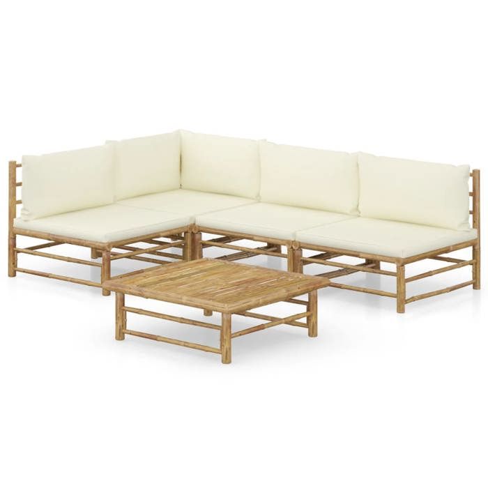vidaXL Salon de jardin 5 pcs avec coussins blanc crème bambou 3058241