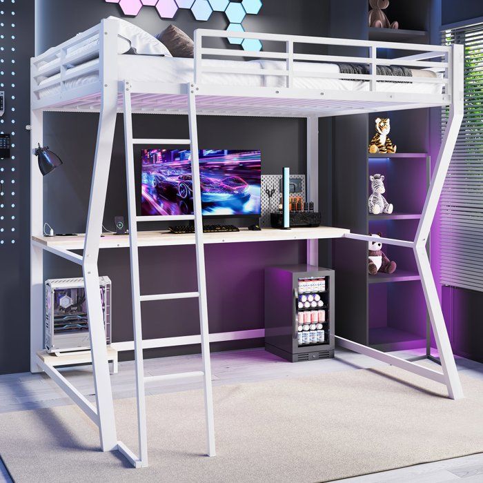 Lit Mezzanine 140x200cm Avec Bureau Et LED - Lit Superposé Gaming Avec Tiroirs Et Portant - Pin Massif Blanc - 13