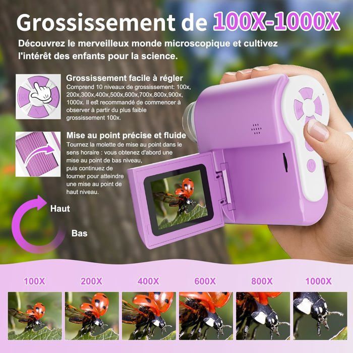 USCAMEL Microscope Numérique Portable 1000x, écran 2" Pliable, Photo/vidéo, LED, Batterie 1000mAh