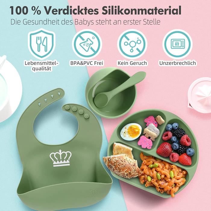 Kit Vaisselle Bébé 7 Pièces Avec Ventouse Antidérapante Silicone - Bleu/beige, B500, Neuf