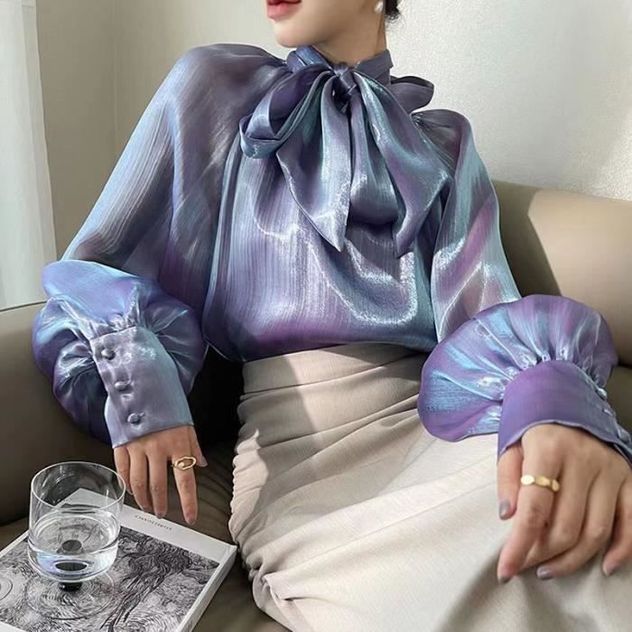 Chemise Chemisier en Satin a Manches Bouffantes pour Femme Tunique Baggy Decontractee Couleur Unie a Gros Ivoire A612 Blanc Cdiscount Pret a Porter