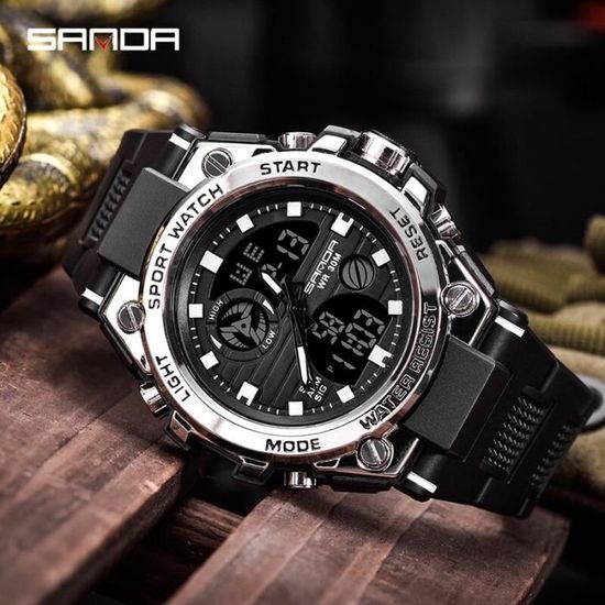 Montre numerique noire de sport pour homme SANDA 15128E9 Etanche Resistante aux chocs LED Achat vente montre Homme Adulte Cdiscount