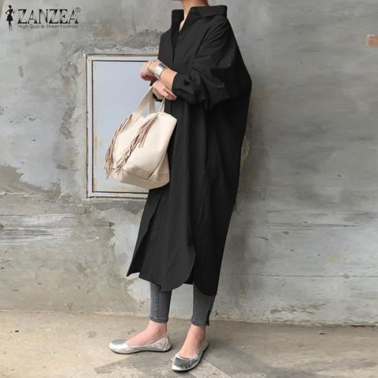 Robe ZANZEA grande taille femmes automne robe d ete elegant chemise longue robe revers cou a manches longues solide Type Black Blanc Cdiscount Pret a Porter