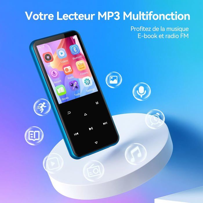 AGPTEK Lecteur MP3 Bluetooth 5.3 64Go – Écran 2.4" HD, Haut-parleur Intégré, Radio FM, Podomètre, Son HiFi Tactile