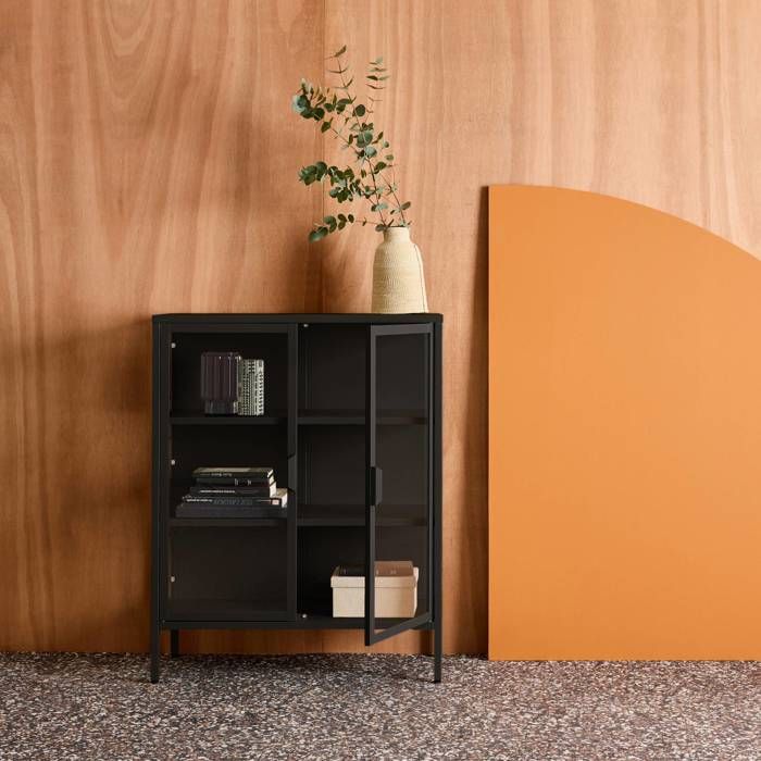 Armoire vitrine acier et verre trempé 2 portes 80cm noir - Arkansas ...