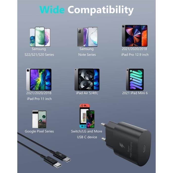 chargeur usb c 20w compatible avec ipad pro 12.9 11 pouce 2021 2020 2018,  new ipad air 4, samsung s21 s20 s20 fe, switch, pixel