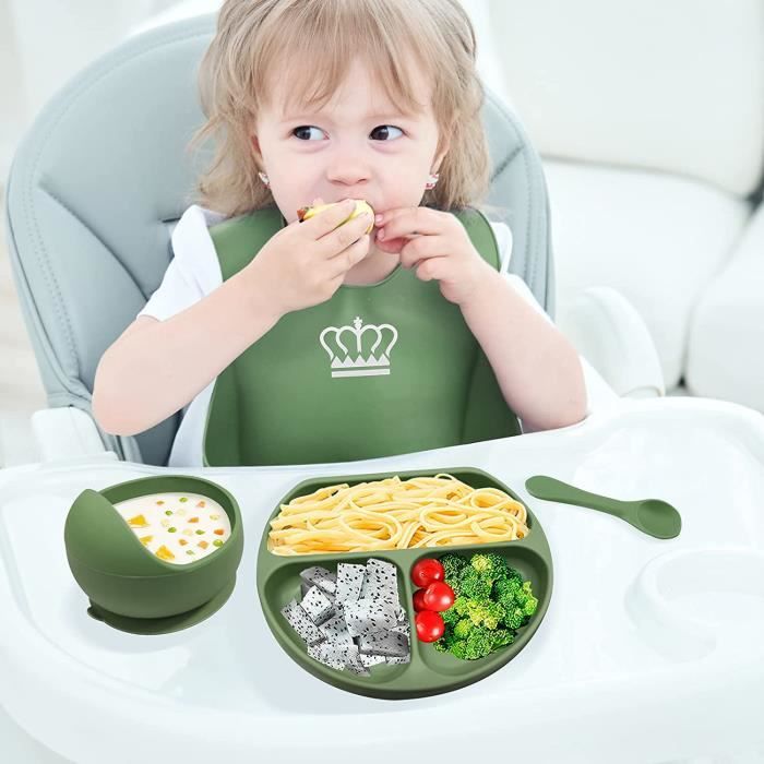 Kit Vaisselle Bébé 7 Pièces Avec Ventouse Antidérapante - Silicone Bleu - Neuf Sous Boîte