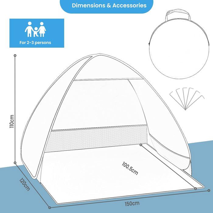 Jsdoin Tente De Plage Pop-Up 2-3 Personnes - Protection Solaire UPF 50+ Anti-UV, Montage Instantané Bleu Avec Sac Et Piquets