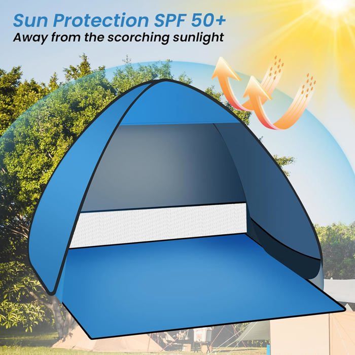 Tente De Plage Pop-up Automatique – Coquille – Protection UV Et Vent – Bleue