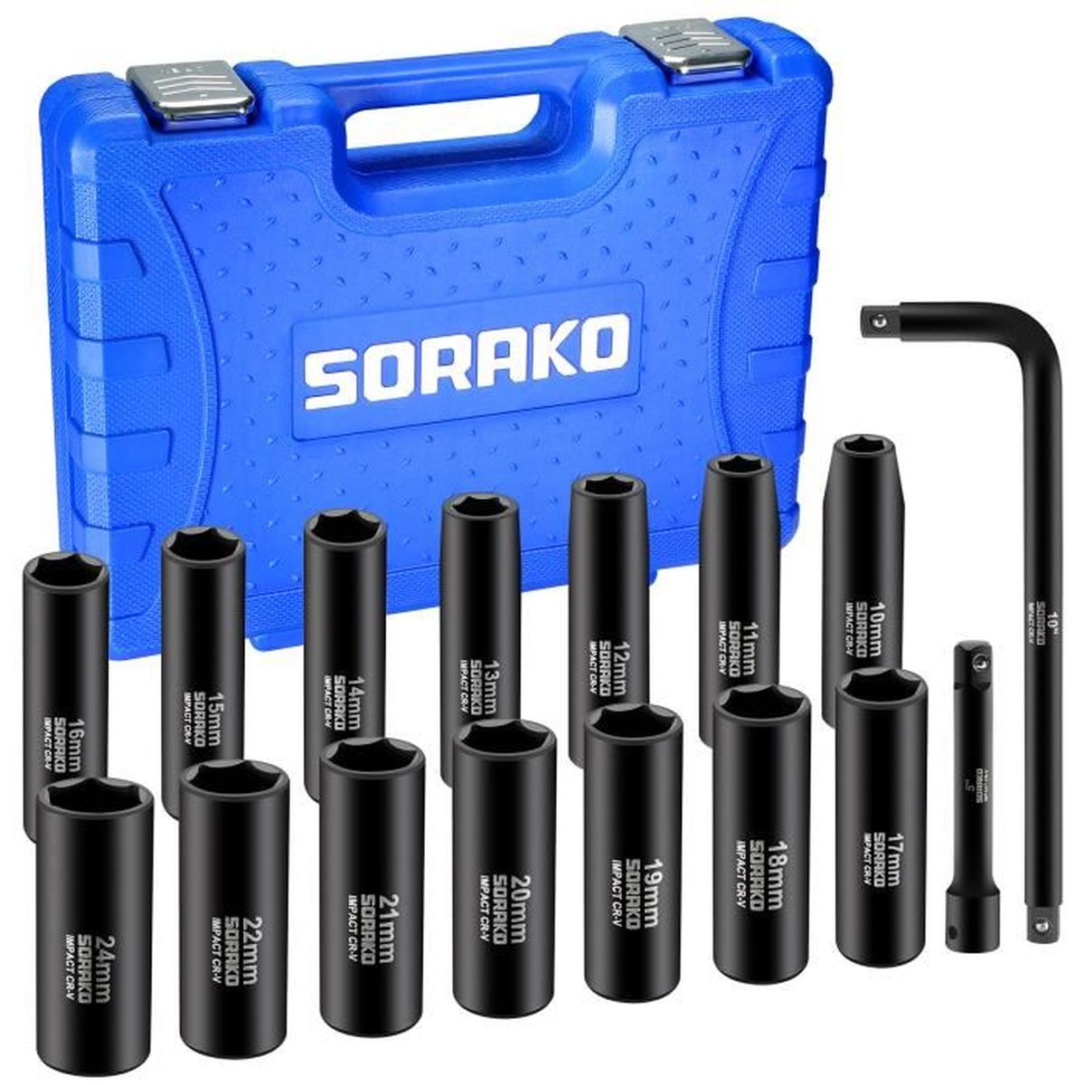 Douilles à Choc 1/2", SORAKO 16 Pièces Coffret Douille Longue à Chocs， 14pcs 1/2″ coffret