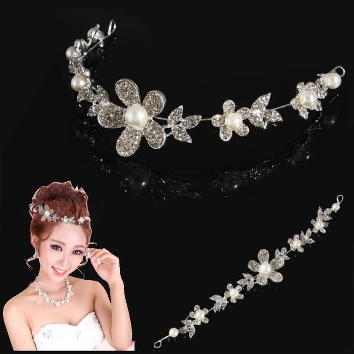 Couronne Mariage Soiree Bijoux Cheveux Diademe Cristal Perle