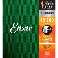 Cordes Elixir pour basse acoustique 4 cordes en Bronze 80/20 avec revêtement NANOWEB,Long Scale,Light .045-.100