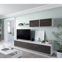Meuble TV de salon - DMORA - quatre portes - élément mural - étagère - marron foncé et blanc brillant