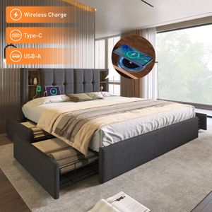 SOMMIER Lit double avec recharge sans fil USB C & 4 tiroirs,cadre de lit capitonné 160x200cm,sommier à lattes en bois et lin gris