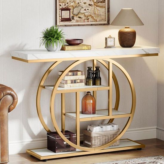 Tavolo Consolle Stretto 105 Cm, Ingresso E Divano, Stile Industriale Con Telaio In Metallo Nero E Ripiani In Legno, Marrone Rustico
