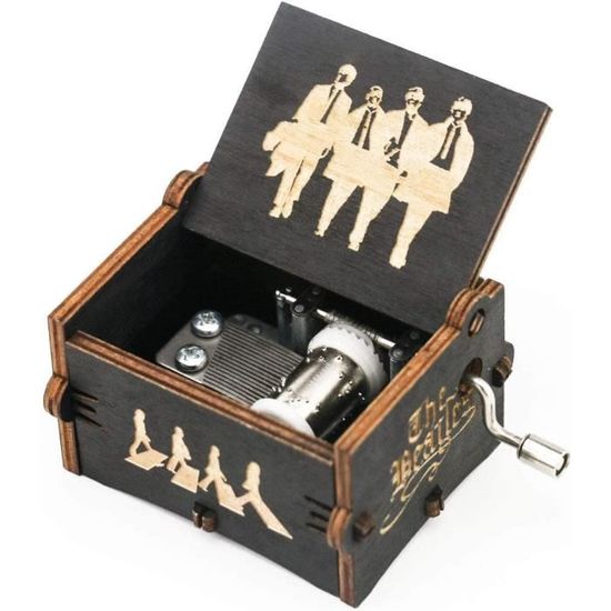 Mini Boîte à Musique Noire à Manivelle En Bois Sculpté Cadeau