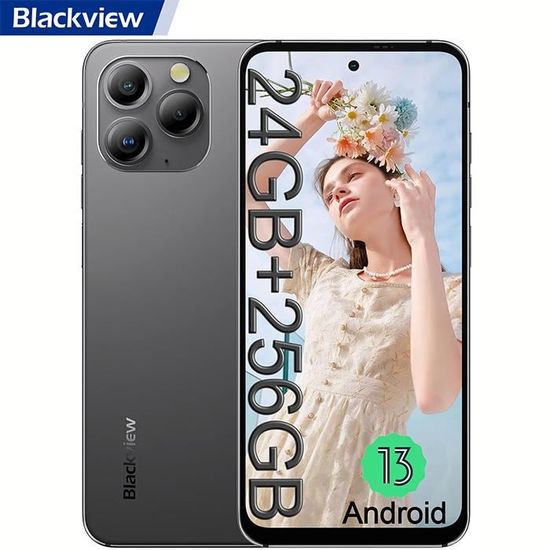 Téléphone Portable 4G Blackview A96 6,5" 2.4K 120Hz 24Go+256Go Helio G99 Android 13 48MP Dual SIM,Face ID,NFC,Certifié TÜV - Noir