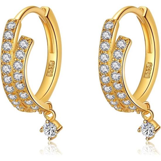 Créoles Boucles D'oreilles Argent Sterling – Ton Doré Sur Zircon Cubique – Rectangle Ovale