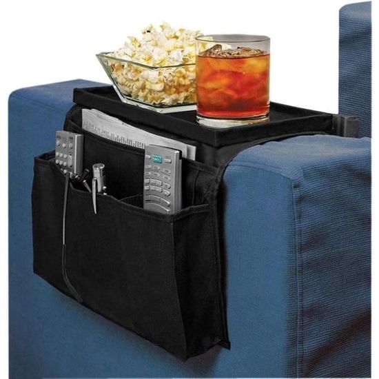 Organisateur Accoudoir Canapé - 5 Poches, Tissu Antidérapant Noir | Range Télécommande, Téléphone, Livres - 6