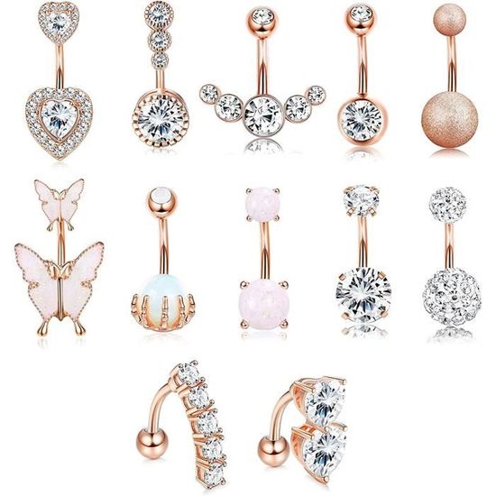 Lot De 9 Anneaux De Nombril En Or Kotkiddy - Acier Inoxydable 14G, Pendentifs Fleur, Papillon, Cœur - 12