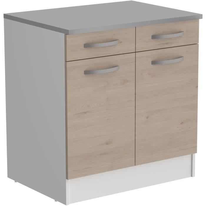OSLO Meuble Bas 2 portes 2 tiroirs + plan - Décor Chêne Jackson - L 80 x P 60 x H 86 cm