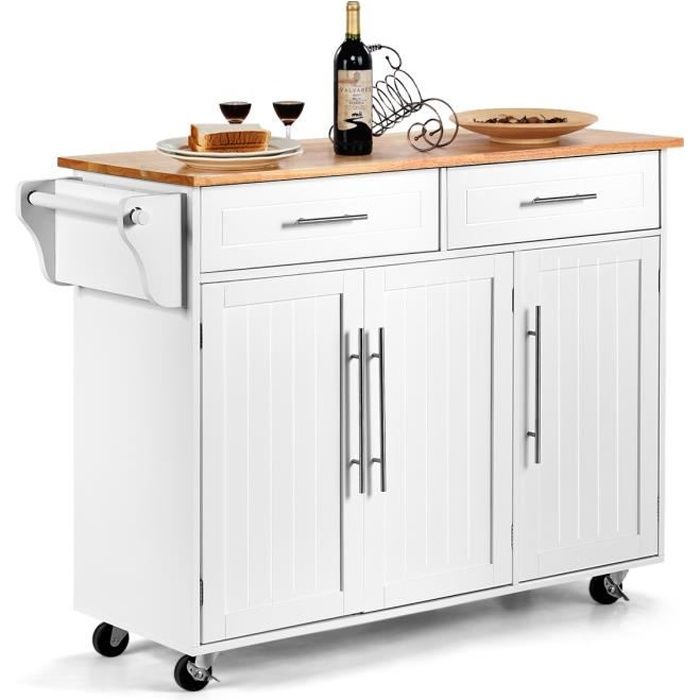 DREAMADE Chariot de Cuisine avec 2 Tiroirs et 2 Armoires, Desserte avec Planche à Découper, Porte-serviette et Porte-couteau, 121X46