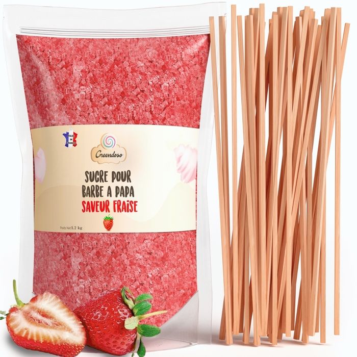 Sucre Barbe à Papa Fraise 1 Kg + 50 Bâtonnets de 30Cm (Offerts) + 1 Cuillère Mesure