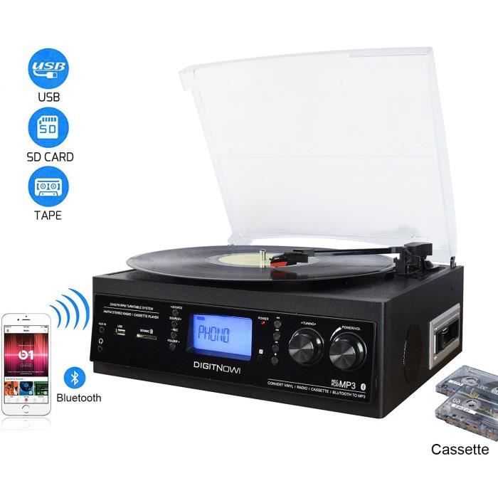 DIGITNOW! Platine Vinyle Bluetooth USB mp3 et Fonction Encodage Classique avec Cassette Radio 33-45-78 RPM Haut-parleurs Intégrés