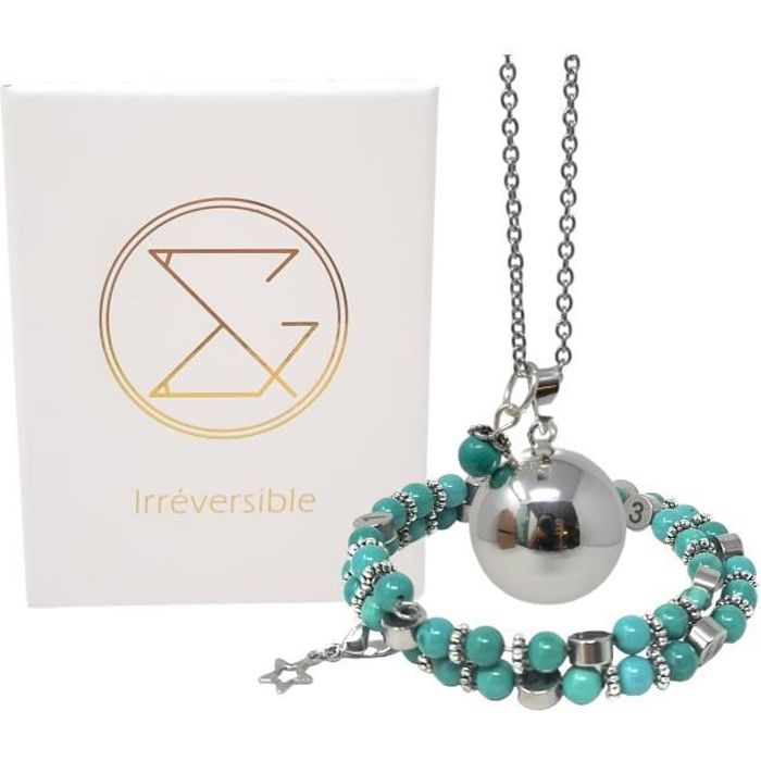 Box grossesse Howlite teintée turquoise- Coffret cadeau femme enceinte lithothérapie - bola & bracelet d'allaitement / biberonnage