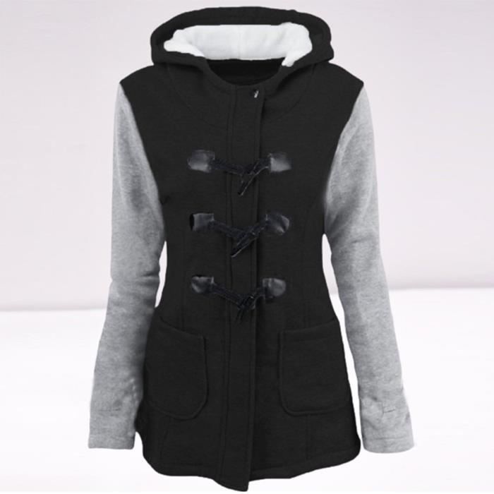 Mode Femmes Coupe-Vent Outwear Pacthwork Slim Long Manteau Veste Trench @Noir