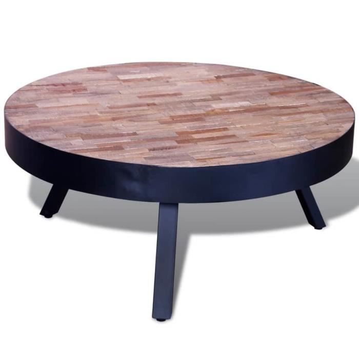 Table basse design scandinave salon contemporain ronde Bois de teck recyclé
