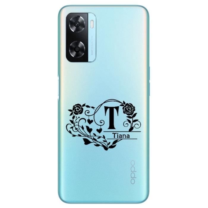 Coque Oppo A57 et A57S prenom police 16 noir coeur et fleur
