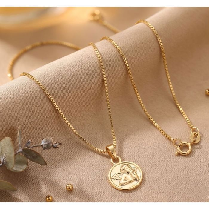 Collier Enfant Pendentif Médaille Ange Baptême - Or Jaune Vermeil 14 Carats - Neuf Avec étiquettes Et Boîte