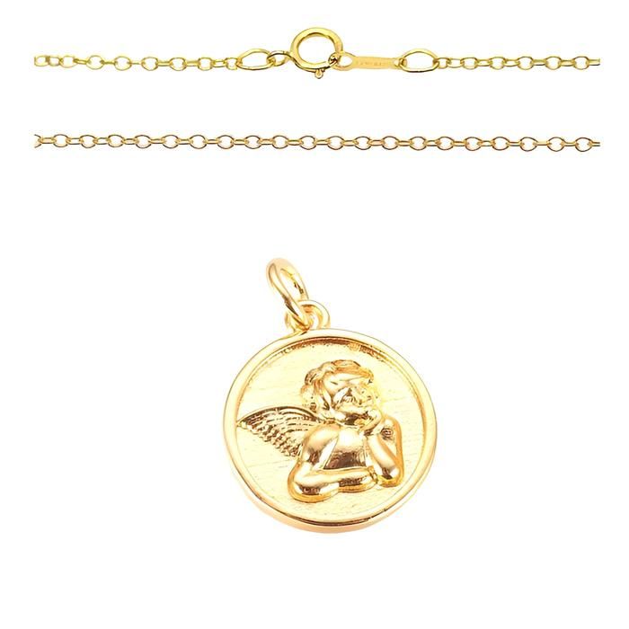 collier enfant chaîne et pendentif médaille ange baptême 16 mm or jaune vermeil 14 carats*