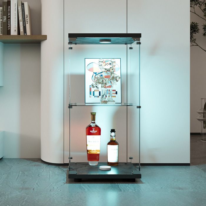 Vitrine Haute Avec Éclairage ITALFROM - L93 X P46 X H188 Cm, Verre Trempé 5-8 Mm, 4 Étagères, Roues