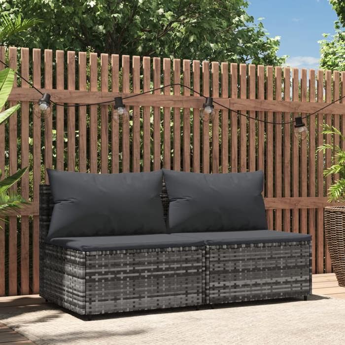 Canapé Central De Jardin 2 Places En Résine Tressée Gris - Dimensions 63x63x57,5 Cm - Avec Coussins Anthracite - Pieds Réglables