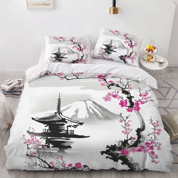 Parure de lit Japonais 140x200cm Mont Fuji Fleurs De Cerisier Housse de Couette Microfibre Ensemble de Literie 3 Pièces avec 2