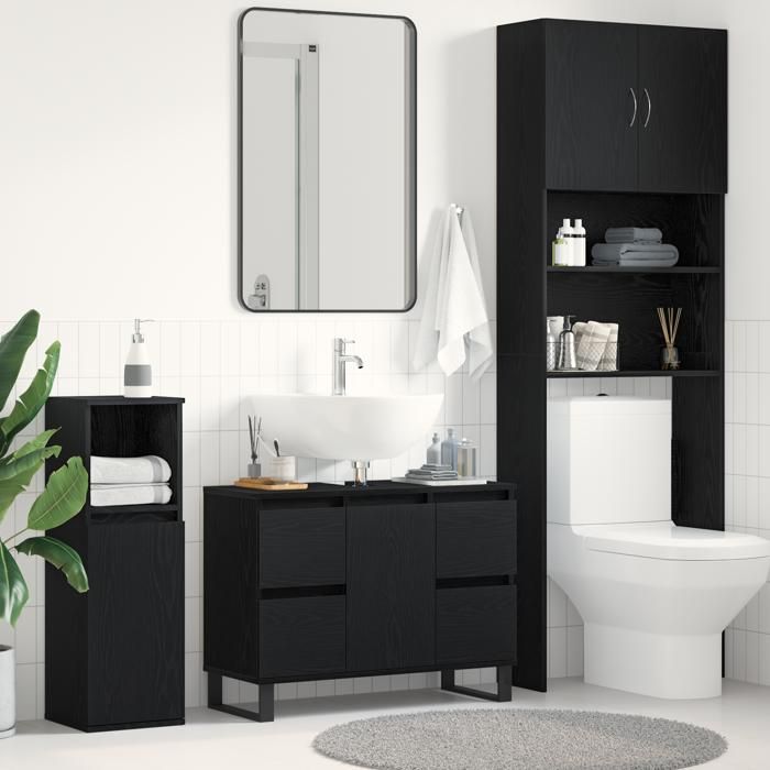 Moderne Meuble sous lavabo Armoire dévier - Noir Chêne 80x33x60 cm Bois dingénierie @FR(943476)