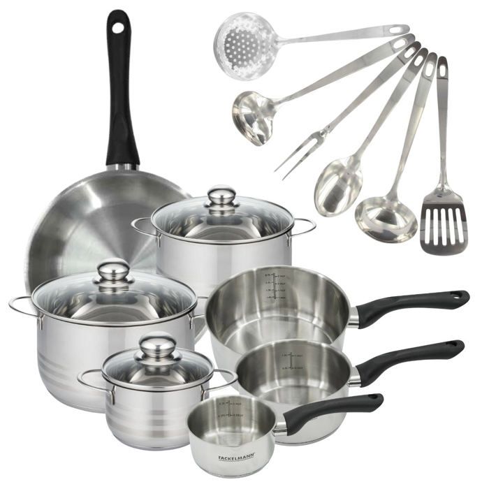 Batterie de cuisine 1 poêle 28 cm 3 casseroles 12/16/20 cm 3 faitouts 16/20/24 cm 6 ustensiles Fackelmann Geneva Batterie de cuisine 1 poêle 28 cm 3 casseroles 12/16/20 cm 3 faitouts 16/20/24 cm 6 ustensiles Fackelmann Geneva