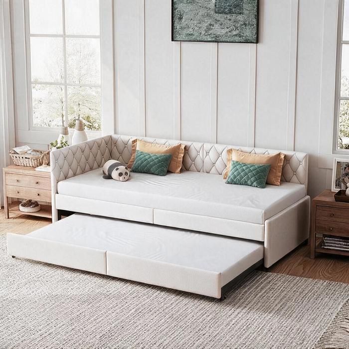 Canapé Lit Convertible 90x200 cm Lit Gigogne 90x200 cm Banquette lit avec Tête de Lit Rembourrée sommier à Lattes Velours Beige