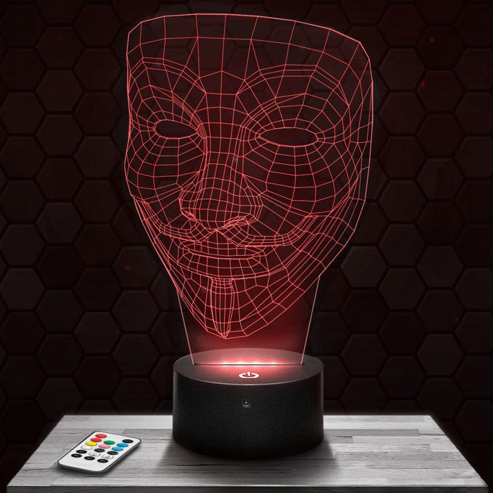 Lampe 3D - Masque Anonymous - Accessoire Figurine Cadeau Masque Anonymous - Veilleuse Led Tactile avec socle au choix