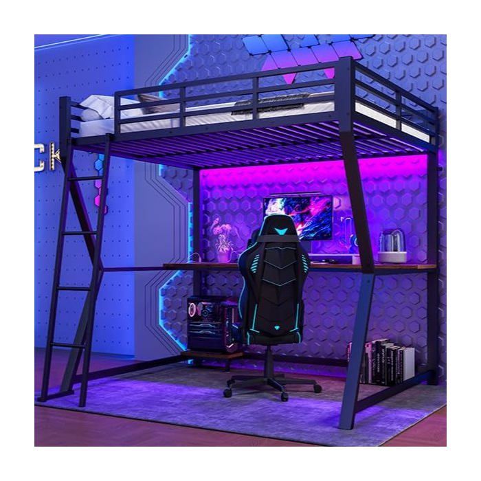 Lit Mezzanine Métal 140x200 Cm Avec Bureau Et Rangements - Éclairage LED Et Ports USB - Pour Enfant, Ado Ou Adulte